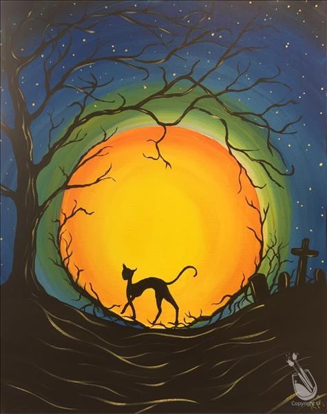 Image of a painting with a yellow and orange moon with the shadow of a cat and a tree in front of it. 